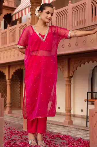 Maroon silk sequined kurta set