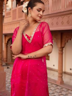 Maroon silk sequined kurta set 3