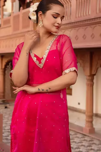 Maroon silk sequined kurta set