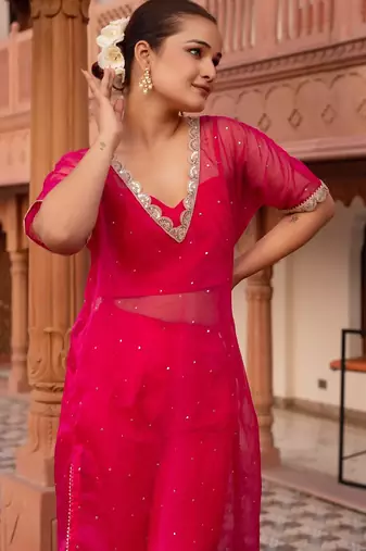 Maroon silk sequined kurta set