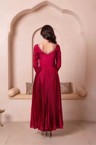 Maroon chinon trousseau handwork anarkali suit set