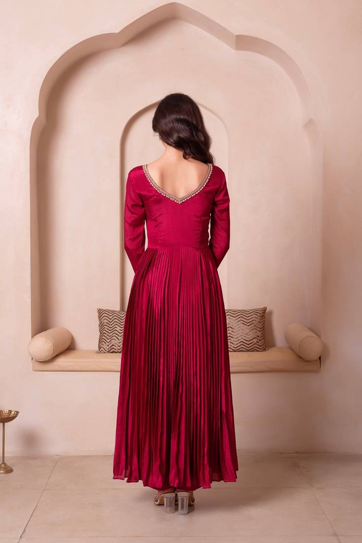 Maroon chinon trousseau handwork anarkali suit set