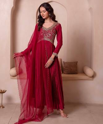 Maroon chinon trousseau handwork anarkali suit set 2