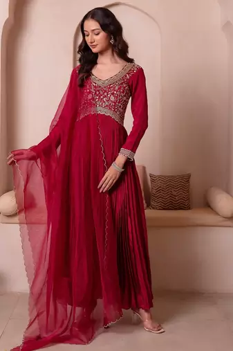Maroon chinon trousseau handwork anarkali suit set