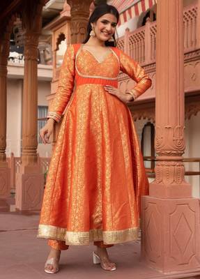 Orange jacquard gotapatti anarkali suit set 2