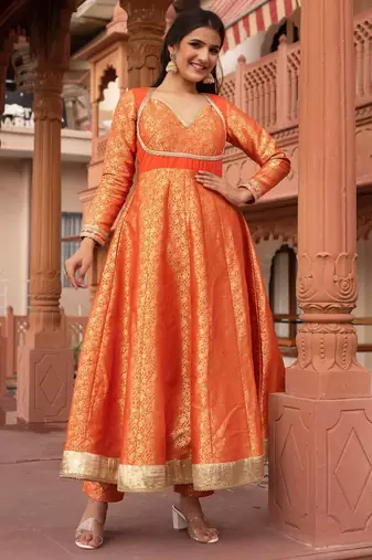 Orange jacquard gotapatti anarkali suit set