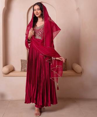 Maroon chinon trousseau handwork anarkali suit set 3