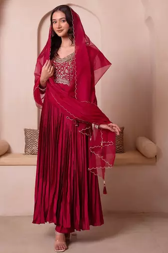 Maroon chinon trousseau handwork anarkali suit set