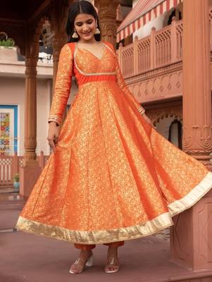 Orange jacquard gotapatti anarkali suit set 3