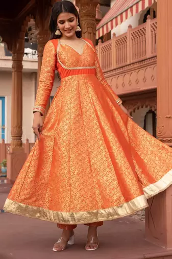 Orange jacquard gotapatti anarkali suit set