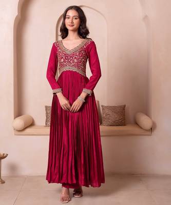Maroon chinon trousseau handwork anarkali suit set 4