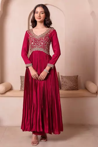 Maroon chinon trousseau handwork anarkali suit set