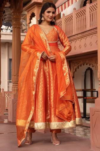 Orange jacquard gotapatti anarkali suit set