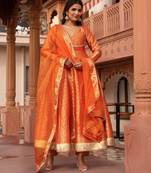 Orange jacquard gotapatti anarkali suit set