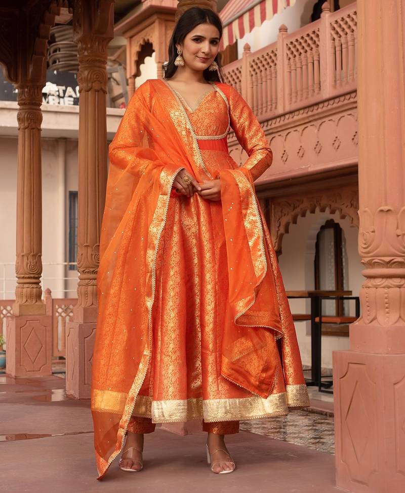 Orange jacquard gotapatti anarkali suit set