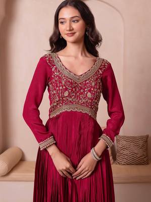 Maroon chinon trousseau handwork anarkali suit set 5