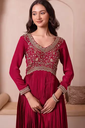 Maroon chinon trousseau handwork anarkali suit set