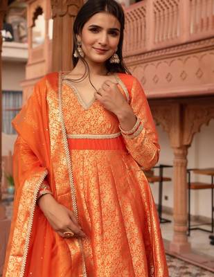 Orange jacquard gotapatti anarkali suit set 4