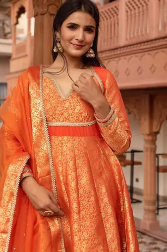 Orange jacquard gotapatti anarkali suit set