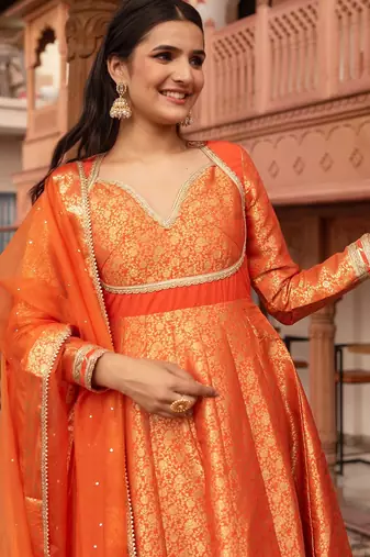 Orange jacquard gotapatti anarkali suit set