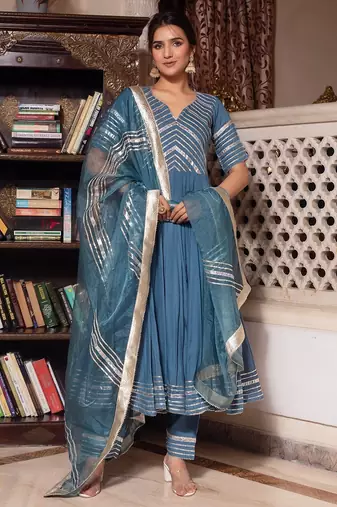 Powder blue gotapatti rayon anarkali suit set