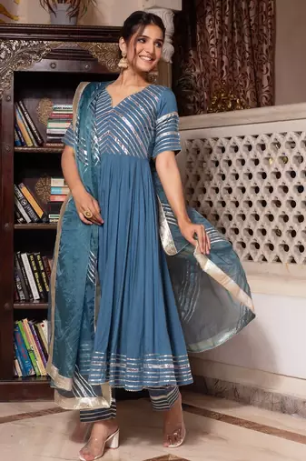 Powder blue gotapatti rayon anarkali suit set
