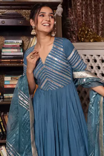 Powder blue gotapatti rayon anarkali suit set