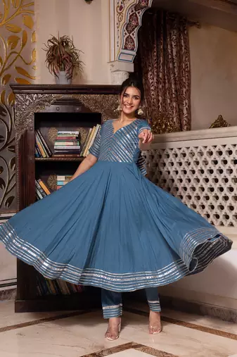 Powder blue gotapatti rayon anarkali suit set