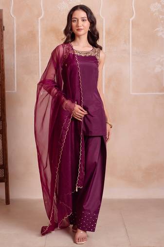 Purple farshi salwar handwork dupatta set