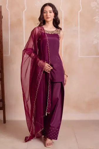 Purple farshi salwar handwork dupatta set