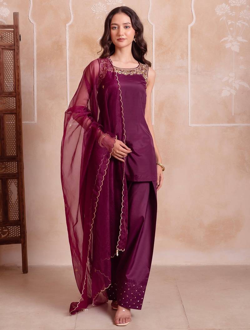 Purple farshi salwar handwork dupatta set