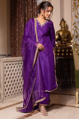 Purple handwork pakistani silk kurta set