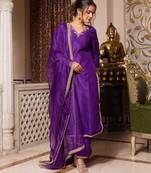 Purple handwork pakistani silk kurta set