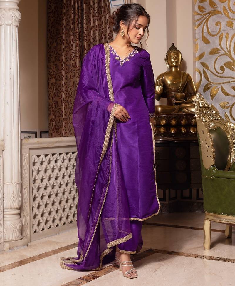 Purple handwork pakistani silk kurta set