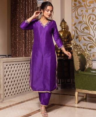 Purple handwork pakistani silk kurta set 2