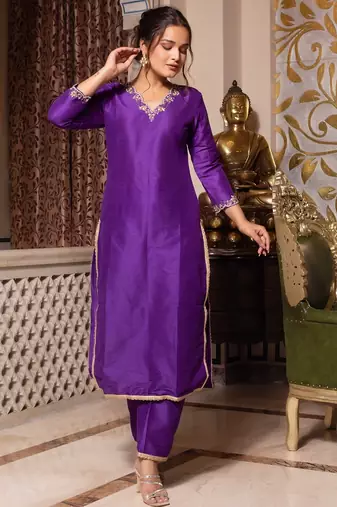 Purple handwork pakistani silk kurta set