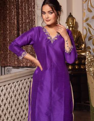 Purple handwork pakistani silk kurta set 3