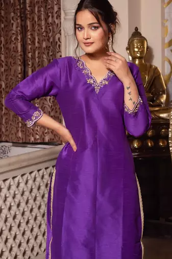 Purple handwork pakistani silk kurta set