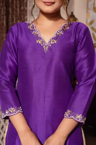 Purple handwork pakistani silk kurta set