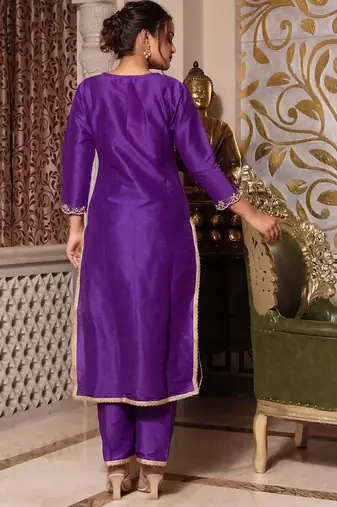Purple handwork pakistani silk kurta set