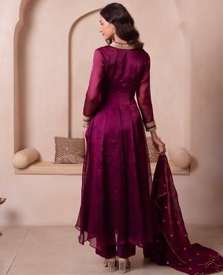 Purple organza handwork anarkali suit set 2