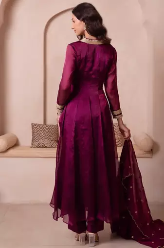 Purple organza handwork anarkali suit set
