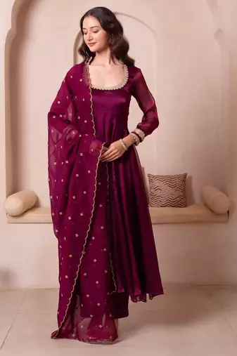 Purple organza handwork anarkali suit set