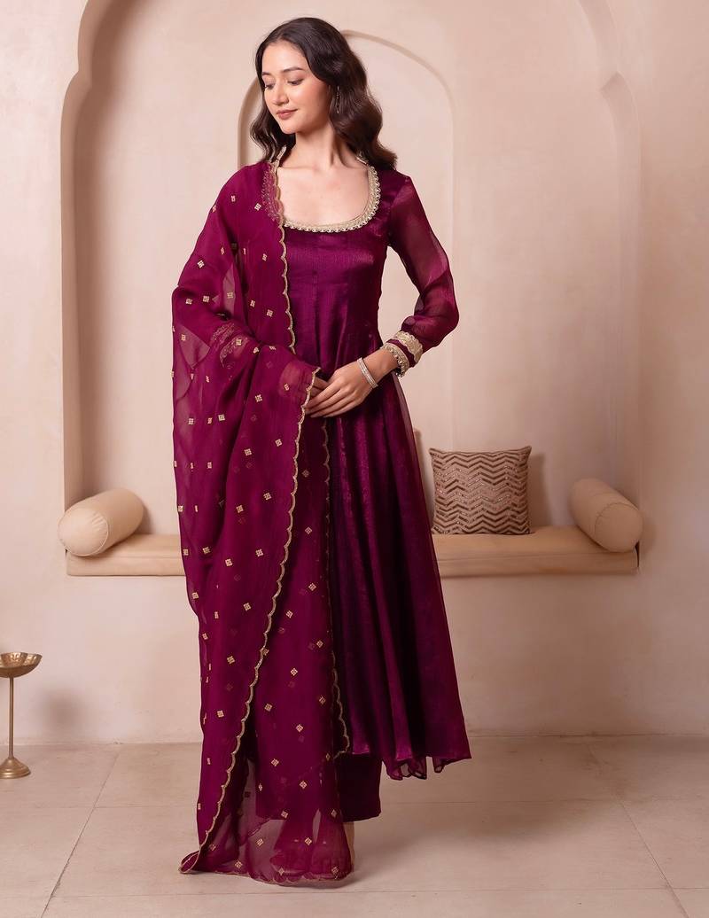 Purple organza handwork anarkali suit set