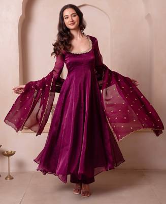 Purple organza handwork anarkali suit set 3