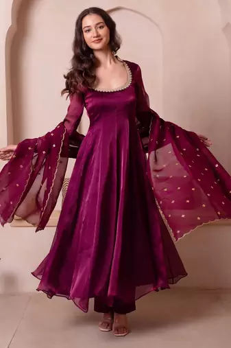Purple organza handwork anarkali suit set