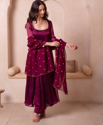 Purple organza handwork anarkali suit set 4