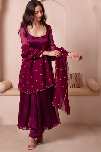 Purple organza handwork anarkali suit set