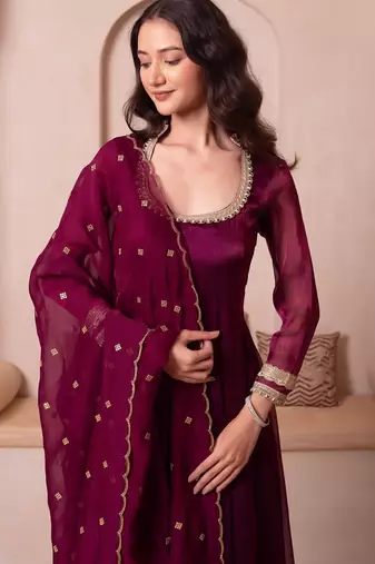 Purple organza handwork anarkali suit set