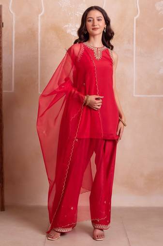 Red farshi kurta salwar handwork dupattta set